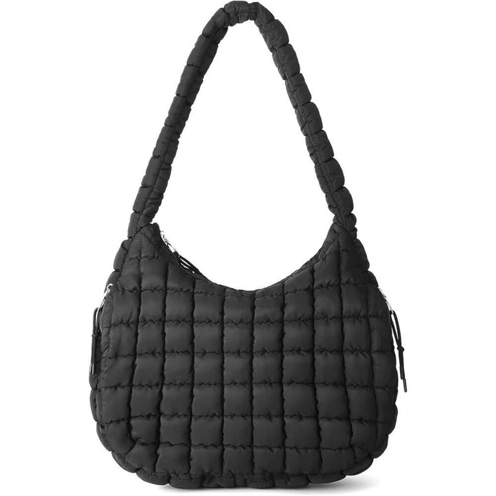 Women's Black Large Puffy Purse Lightweight Padding Cotton Nylon Cross Body Bag